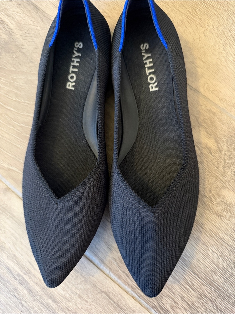 Rothy's Black Pointed Knit Flats with Blue Trim